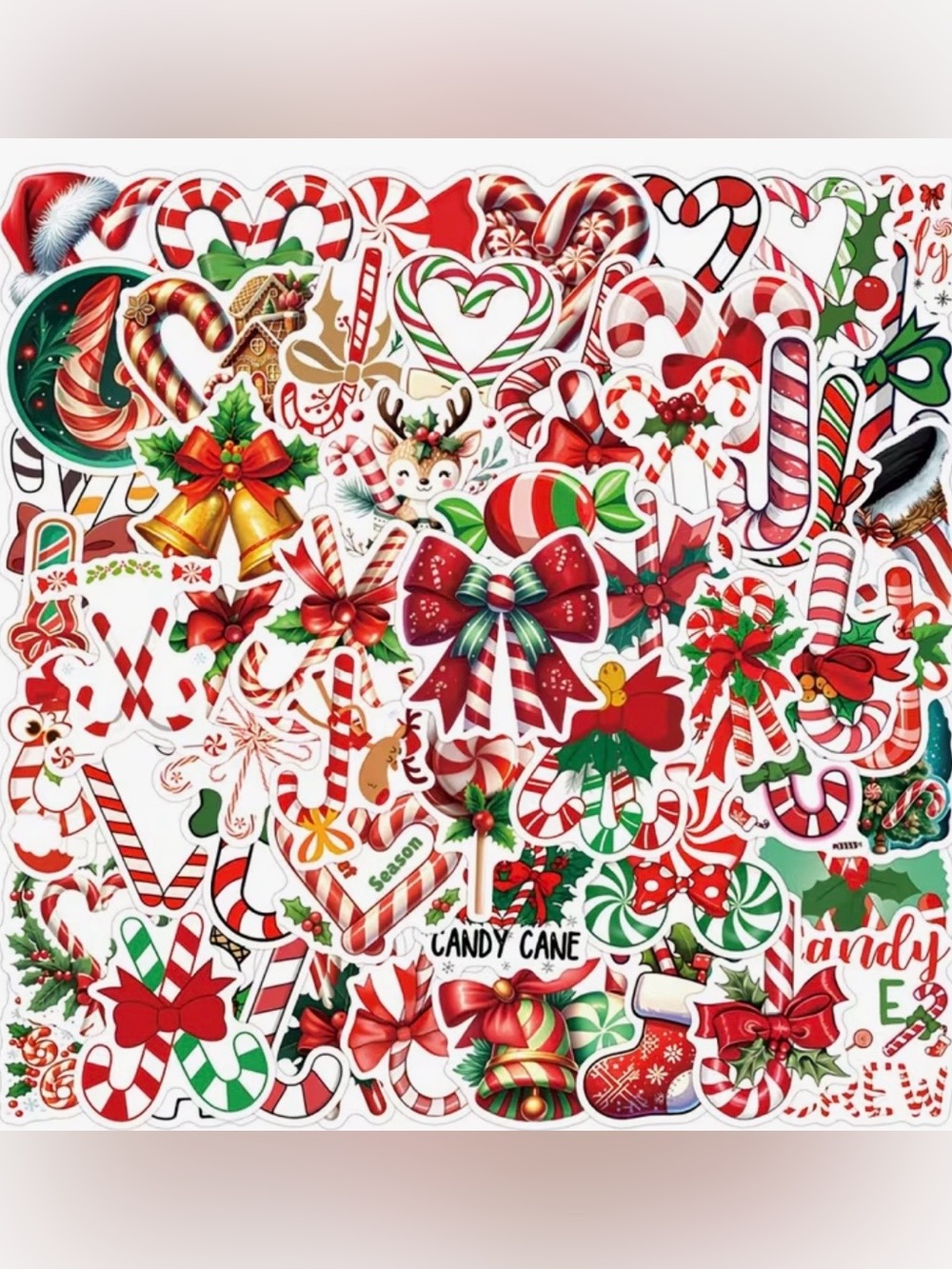 55 Holiday Candy Cane Stickers Christmas Tree Bells Candy Hearts Bows Sweets